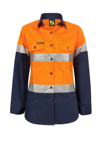 Ladies Lightweight Hi-Vis Two Tone Long Sleeve Cotton Drill Shirt Taped