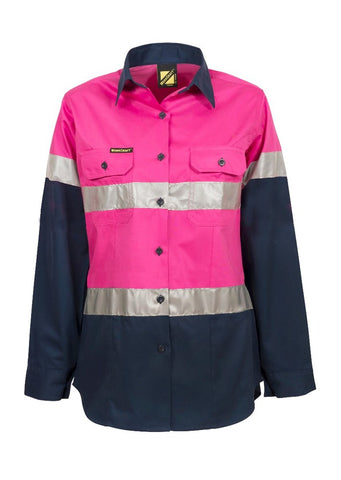 Ladies Lightweight Hi-Vis Two Tone Long Sleeve Cotton Drill Shirt Taped- NIGHT