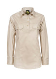 Ladies Lightweight Long Sleeve Half Placket Cotton Drill Shirt Contrast Buttons