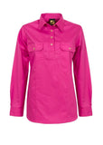 Ladies Lightweight Long Sleeve Half Placket Cotton Drill Shirt Contrast Buttons