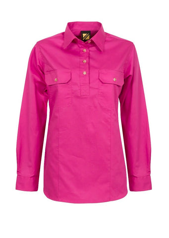 Ladies Lightweight Long Sleeve Half Placket Cotton Drill Shirt Contrast Buttons